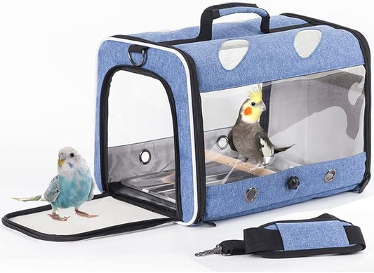 Bird Travel Carrier for Parrot with Wooden Perch and Tray, Portable Carrying Bag for Outdoor Hiking and Vet Visit(Blue, Bird Carrier)