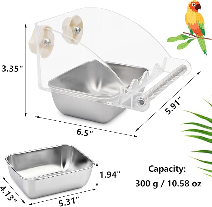 Hypeety Transparent Bird Feeder No Mess Parakeet Feeder for Cage Clear Bird Cage Feeders with Anti-Slip Perch Stainless Steel Food Bowl for Parakeets Parrots Budgies Lovebirds Cockatiels Conures
