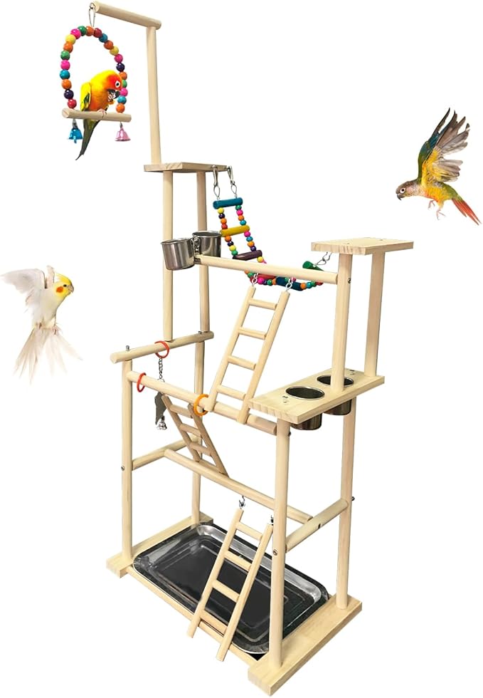 Hamiledyi Natural Wood Bird Playground Stand with 4 Large Layers - Exercise Perch for Parrots Cockatiels and Small Birds Indoor Bird Activity Center with Ladders and Swings