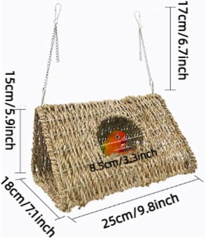 Seagrass Bird Triangle House Sea Grass Tent Parrot Tunnel with Hole Natural Hanging Hammock Swing Nest Bird Snuggle Hut Toy for Hamster Lovebird Budgie Conure Cockatiel (Large)