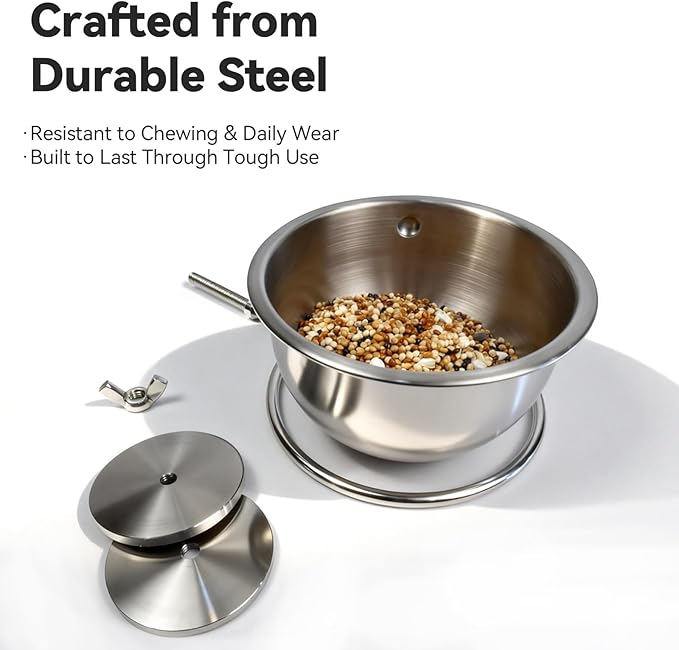 AOTU Anti Tip Stainless Steel Parrot Feeding Cups - Locking Bird Food & Water Bowls for Cage, Bird Cage Accessories for Cockatiel, Conure, Budgie, Macaw, Gray Parrot & Small Pets (L)