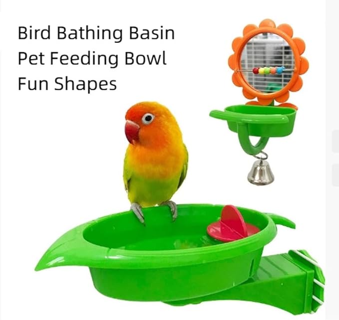 2PCS Multi-Function Bird Bath & Feeder Set, Cute Leaf Shape Bathing Tub with Wheel Toy, Bird Feeder with Flower Shape Mirror & Ringing Bell for Canary Finch Budgie Lovebird Conure