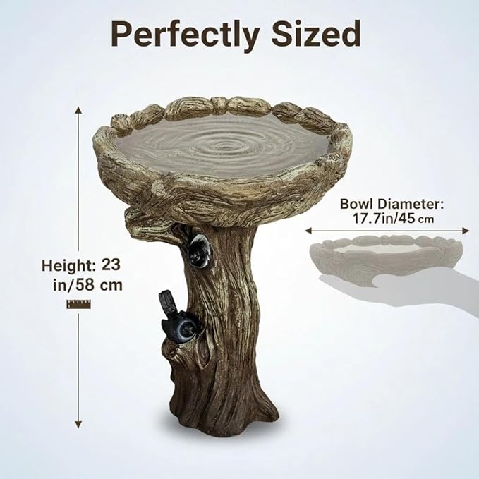 SunJet 23 Inch High Wood-Look Concrete Bird Bath with Decorative Faux Bird – Birdbath Rustic & Long-Lasting Design, Enhances Garden, Patio, Yard, Lawn Decor