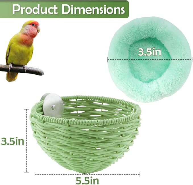 VTurboWay 1 Pack Bird Rattan Nest with 1 Pcs Nest Mat Egg Laying Bed Breeding House for Parrot Lovebird Cockatiel Budgerigar Finch Canary (Green)