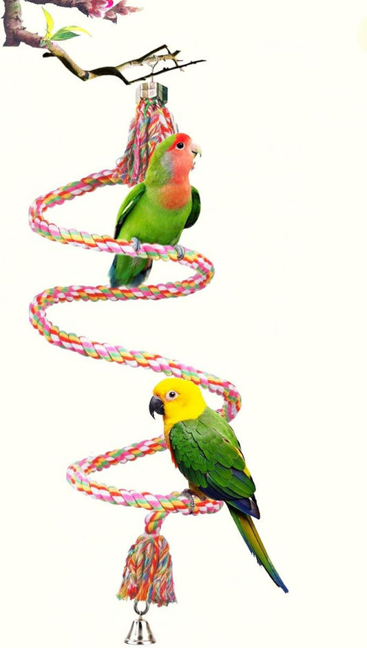 SunGrow Rope Perch for Parrots, 59” Long, Bungee Bird Toy, Brightly Colored Handmade Chew Toy, Spiral Design with Jingling Bell