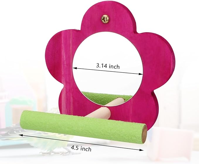 Hypeety Bird Mirror Toy with Perch Cage Standing Accessories Parrot Parakeet Budgies Cockatiel Conure Finch Lovebird African Grey Macaw Amazon Cockatoo Birdcage Wood Perch(Color Random) (Flower Shape)