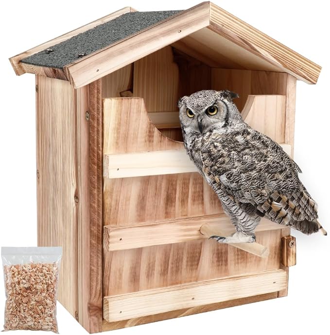 Owl House Owl Nesting Box for Outside: Handmade Wooden Bird House with Bird Stand - 100% Solid Wood Nesting Box