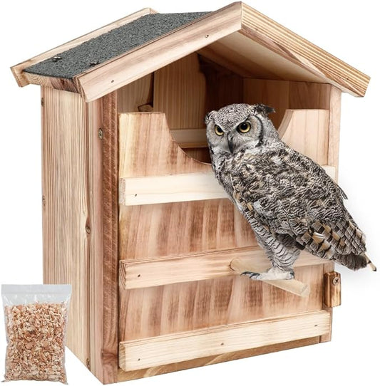 Owl House Owl Nesting Box for Outside: Handmade Wooden Bird House with Bird Stand - 100% Solid Wood Nesting Box