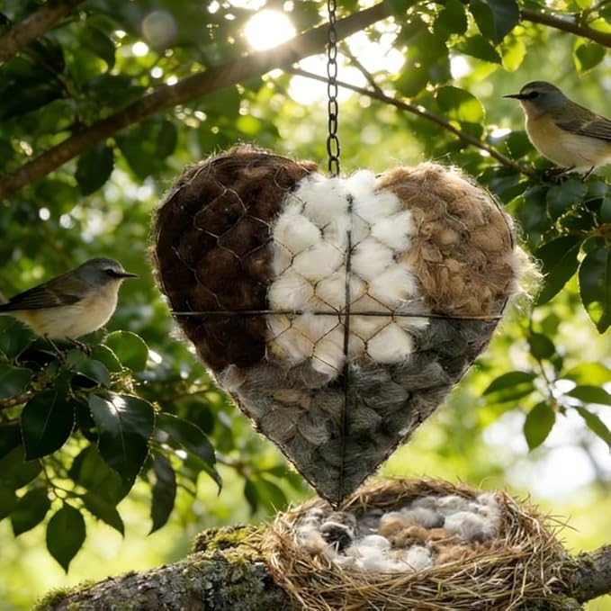 Handmade Fiber Bird Nesting Heart, Hanging Bird Nest Material Holder, Refillable Birds Haven, Alpaca Fiber Birds Material House for Outside Home Garden Yard Patio, Winter Fowl Gift (2PCS)