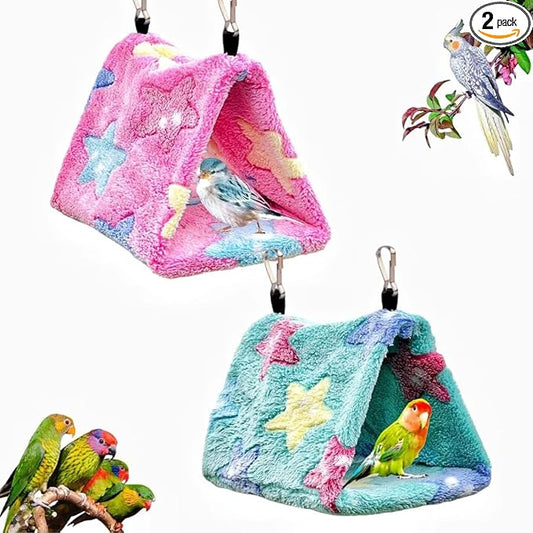 2 Pack Warm Bird Nest Plush Snuggle Bird Hammock Hanging Bird Cave Parrot Sleeping Bed Shed Hut Hanging Tent for Budgies Finch Parakeet Cockatiel Cockatoo Lovebird-Star Pattern (Pink&Green)