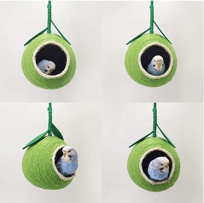 Nest for Birds Bird Nest House Natural Coconut Shell Simulation Birdhouse Grass Bird Hut Parakeet Nesting Box (Green)