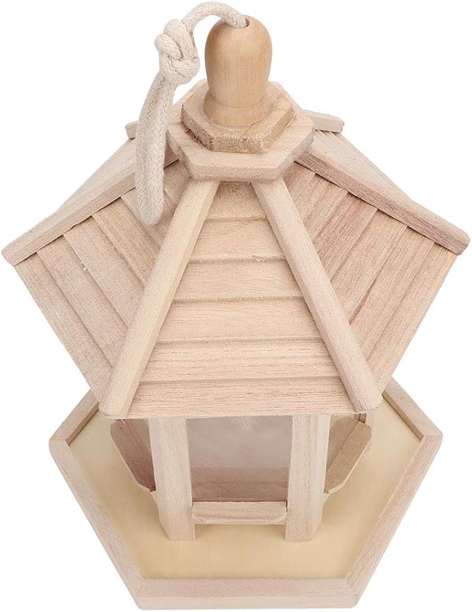 Bird Feeder for Outdoor, 24.5×20×20cm Wooden Hanging Birdfeeder Building Kits Birds Nests Ornaments Feeder Food Container with Hang Rope