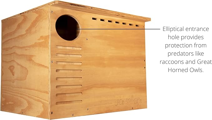 JCS Wildlife Barn Owl Nesting Box Large Owl House Crafted in USA - Exterior Grade Treated Plywood - Mounting Hardware and Pine Shavings Included - Dedicated Clean Out Door for Easy Cleaning