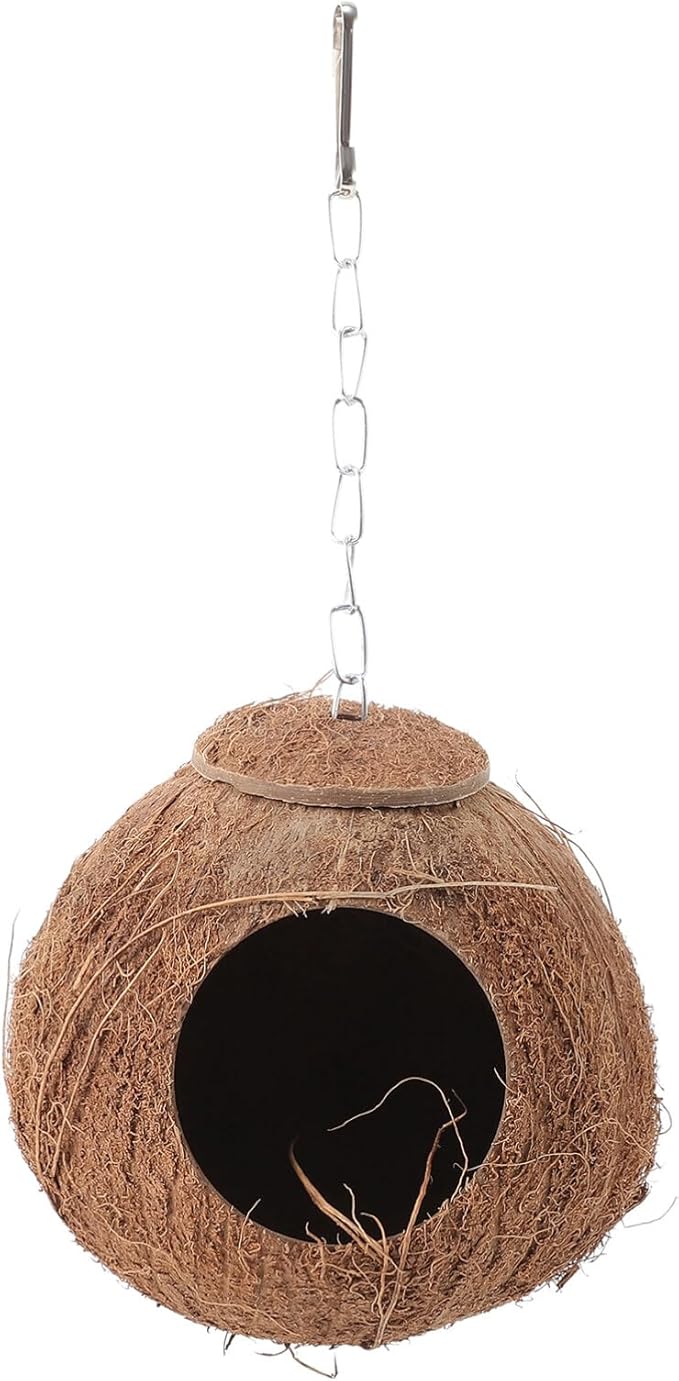 Natural Coconut Shell Bird Nest,Hanging House,Parrots Hide Hut Habitats Decor,Parrot Cage Accessories for Lovebirds Cockatiel Canary Budgies