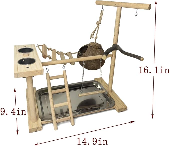 Hamiledyi Parrot Playground Bird Play Stand Natural Wood Parrot Perch Gym with Feeder Cups Cockatiel Nest with Ladder Lovebirds Cage Accessories Toy Exercise Activity Center for Cockatiel Lovebirds