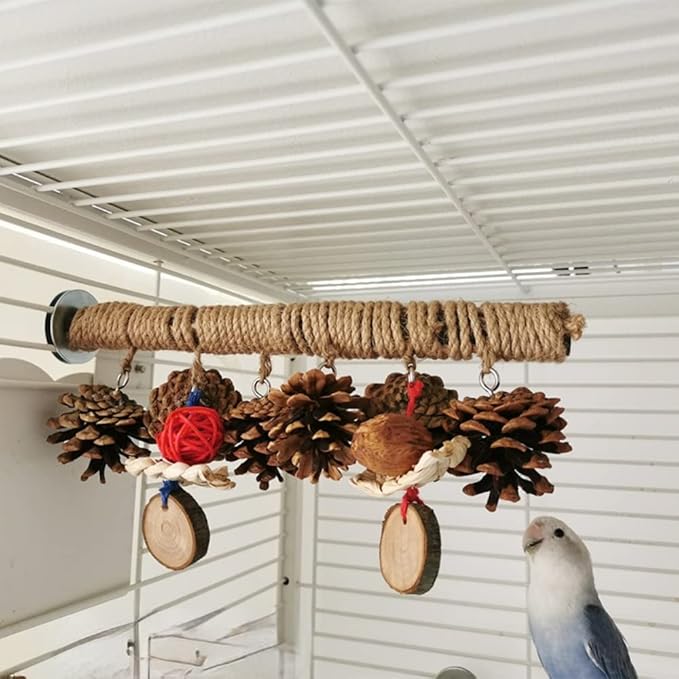 Bird Perches Stand Bird Hemp Perches with Chewing Toys, Birdcage Wood Stand Tree Perches for Birds Cockatiels Parrots Conures Macaws Finches (Large)