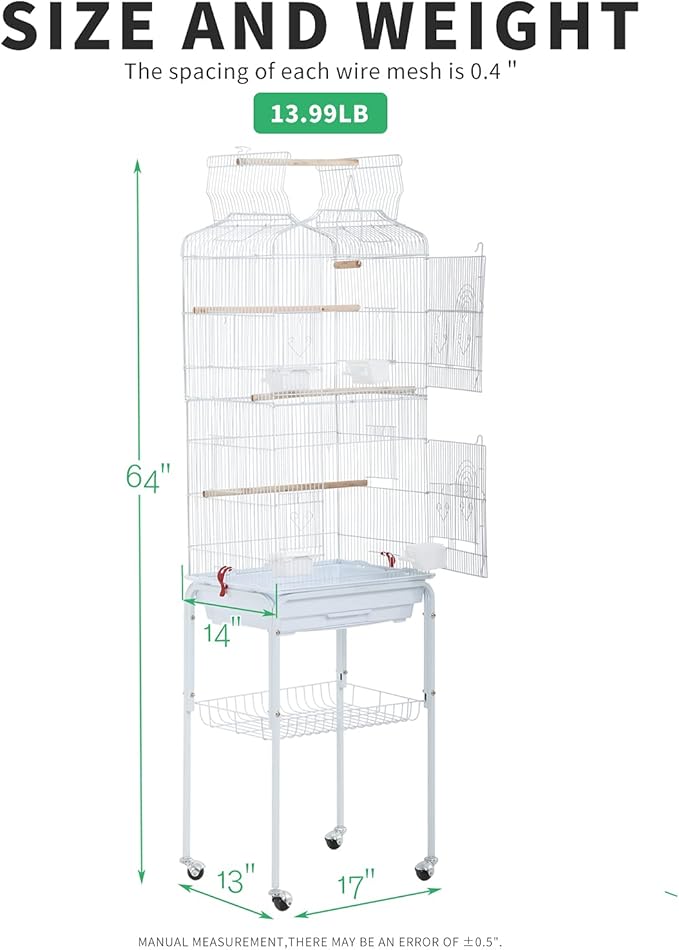 HCY Open Top Standing Bird Cage 64 Inch with Rolling Stand for Parakeets Cockatiel Parrots Lovebirds Medium Small Bird Cage-White L17 * W13 * H64 inches