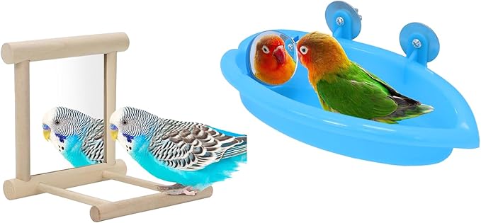 Wontee Bird Bath Parrot Bathing Tub Bird Mirror with Perch Toys for Budgies Parakeets Cockatiels Lovebirds Finches Canaries (Blue (B))
