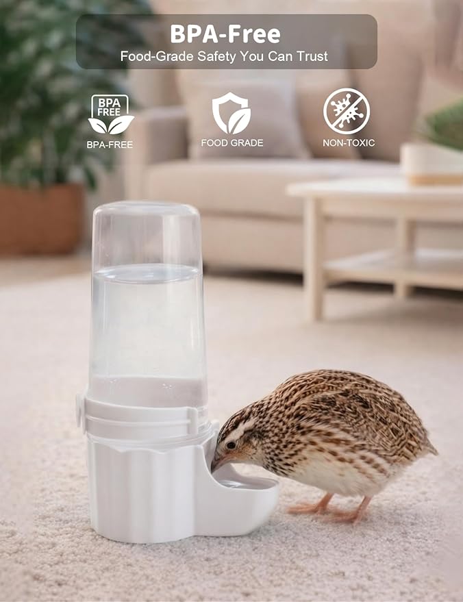 Quail Chick Waterer with Anti-Drowning Shallow Tray, 16.6 fl oz Automatic Gravity Button Quail Waterer, Hanging or Free-Standing Bird Water Dispenser for Wire Mesh Cages and Brooders (White)