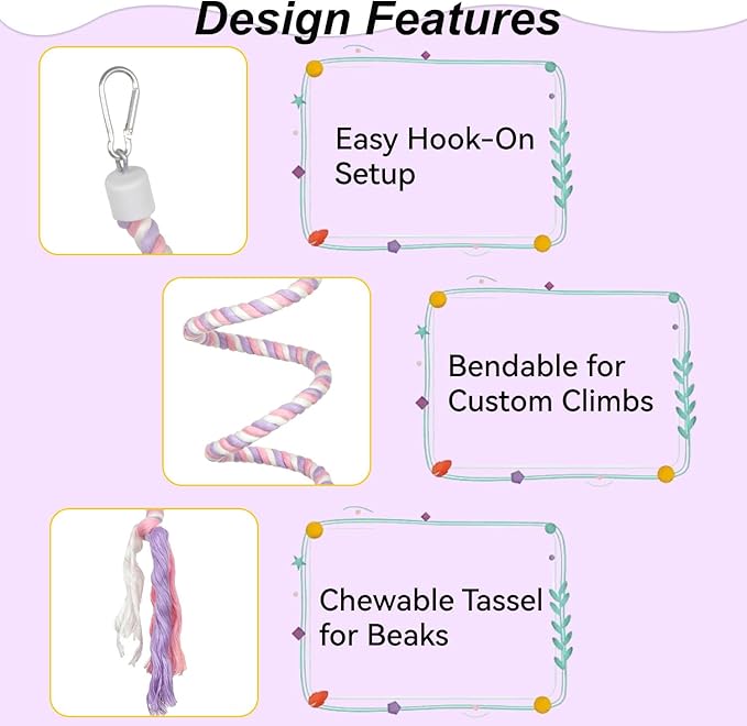 31.5" Bendable Bird Perch Cotton Rope Bird Toy Twistable Ladder Swing Chewable Gym for Parakeets Cockatiels Conures Lovebirds
