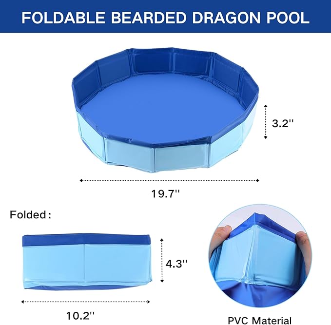 Bearded Dragon Bath Set - Foldable Bathtub with Towel & Nail Clippers Reptile Swimming Pool Lizard Accessories for Geckos Tortoises Ferret Small Animal Grooming Kit (Blue, 19.7 inch)