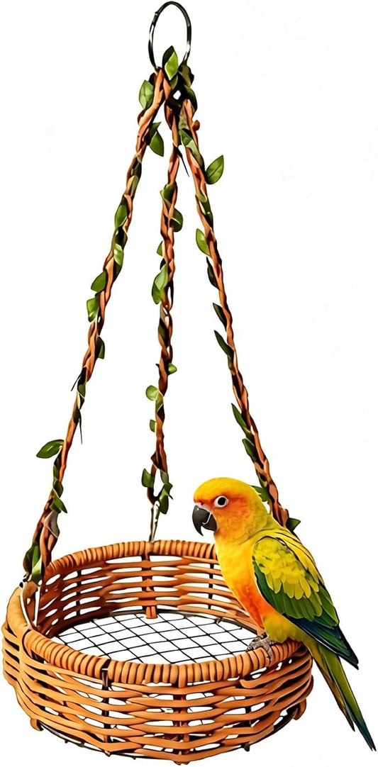 Hanging Rattan Bird Nest for Cage, Bird-Safe Vine Swing Perch with Leaves, Washable Chew-Proof Hammock Nest for Lovebird Cockatiel Budgie Conure, Cage Decoration & Rest Toy for Small Birds(Round)