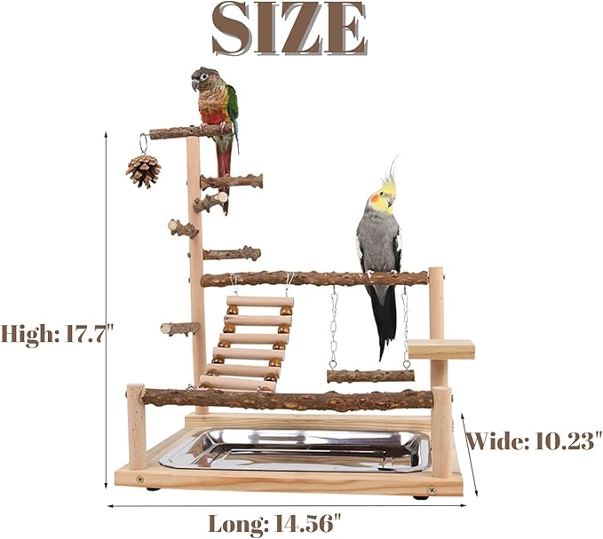 Bird Playground with Feeder Cups, Wooden Parrot Play Stand for Cockatiel, Parakeet