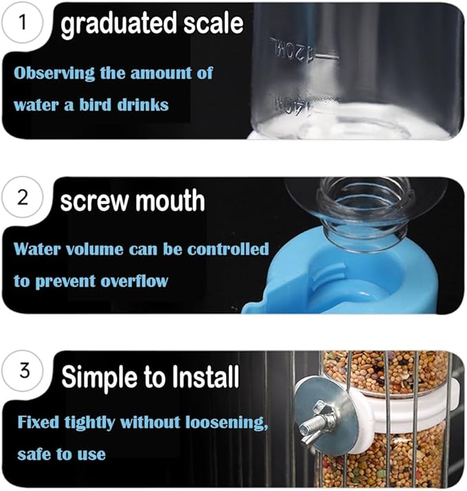 No Mess Bird Water Feeder Dispenser Automatic Hanging Bird Feeder for Cage, Parakeet Cage Accessories, Parrot Cockatiel Seed Food Container Drinker for Squirrel Finch Lovebirds Budgies Canary(Waterer)