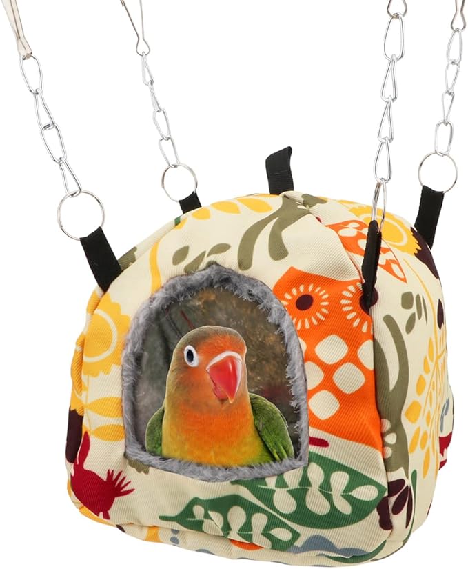 Wontee Bird Plush Hammock Parrot Hanging Snuggle Cave Happy Hut Tent for Parakeet Cockatiel Conure Lovebird Budgie Hamster Gerbil Rat Chinchilla Squirrel Cage (S, Beige Pattern)