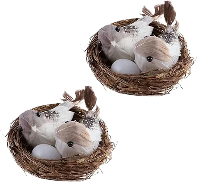 2 Set Simulation Bird Nest with Bird and Eggs Decor, Fake Foam Feather Birds, Artificial Birds, for DIY Craft Tree Decoration Artificial Plants and Flowers, Home Decor, Decorations