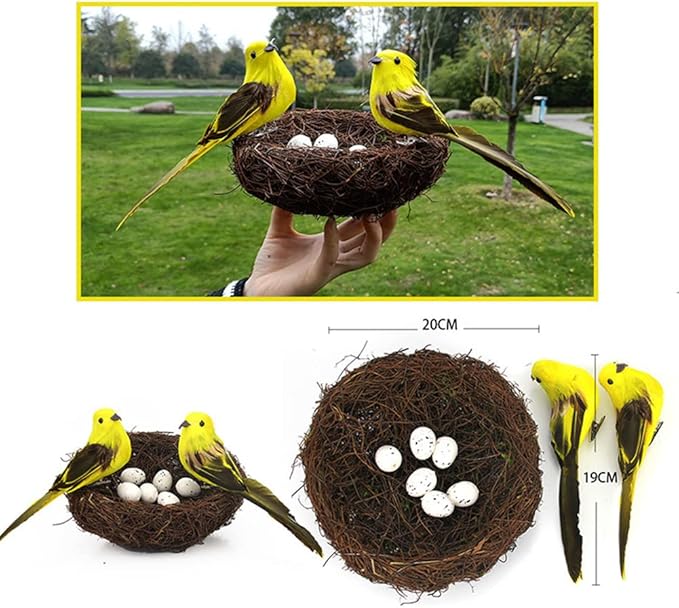Simulated Feathered Bird - Artificial Birds Rattan Bird Nest Eggs DIY Crafts Ornament Artificial Foam Bird Ornaments Tree Ornaments for Home Garden Wedding