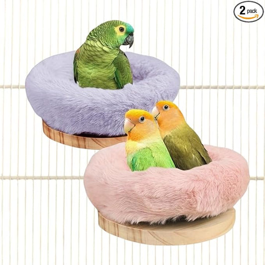2Pcs Bird Perch Stand Platform Plush Parrot Hanging Hammock Warm Bird Nest Snuggle Hut Birds Sleeping Bed Wood Perch for Parrot, Budgies, Parakeet, Cockatiels, Conure, Lovebirds-Purple&Pink