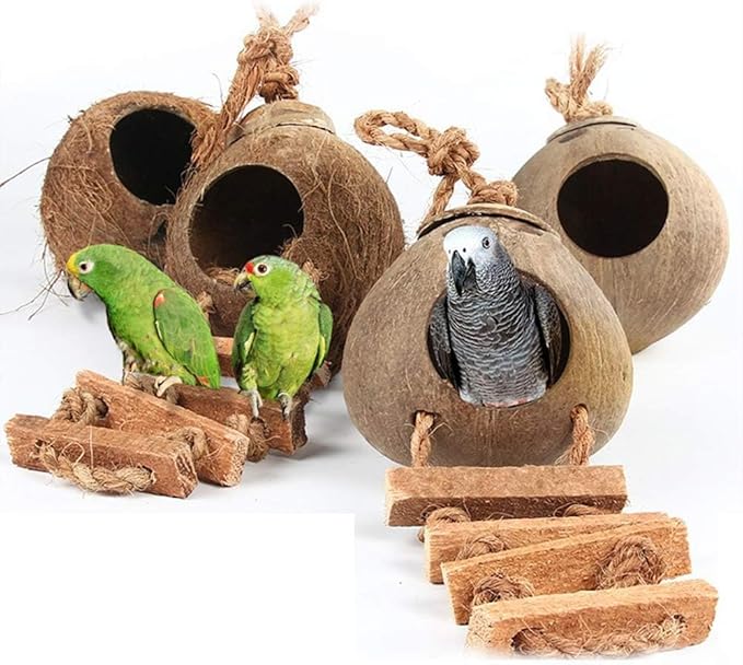 Hanging Bird House with Ladder Natural Coconut Fiber Shell Bird Nest Breeding for Parrot Parakeet Lovebird Finch Canary Coconut Hide Bird Swing Toys for Hamster Bird Cage Accessories Pet Bird Supplies