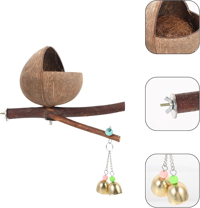 Ipetboom Coconut Bird Nest: Natural Coconut Shell Bird Nest - House Hut Cage with Perch Bell House - Hut Cage for Pet Parrot Parakeet