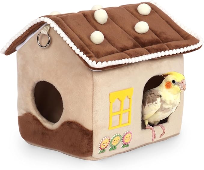 Bird Bed for Cage & Parakeet Nest - Winter Warm Plush Cotton Hanging Hammock, Dual Use Hideaway for Cockatiels, Budgies (Brown)