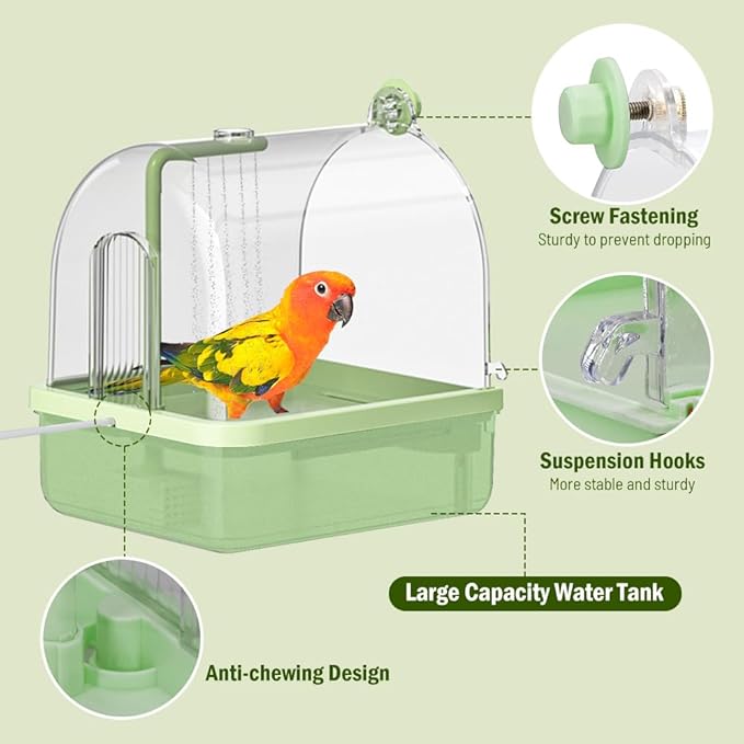 Bird Bath for Cage, Automatic Parakeet Bath with Pump, Indoor Bird Shower with Running Water, Filter, Bird Cage Accessory for Pet Birds, Lovebirds, Finches, Cockatiel