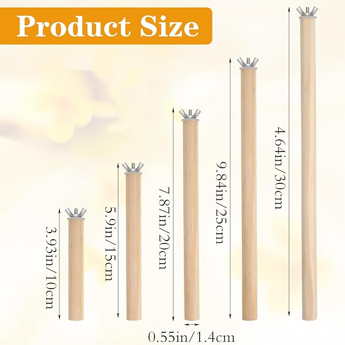 5-Pack Bird Cage Perch,Natural Wood Bird Cage Perch,Birds Perches for Cages with Assorted Sizes (10–30 cm) for Parakeets, Cockatiels, Budgies,Chewable Climbing Sticks for Foot Exercise