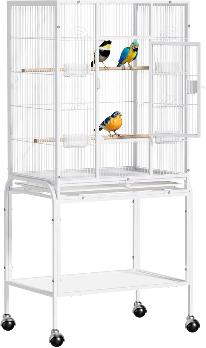 VINGLI 53-inch Bird Cage with Wheels, Durable Wrought Iron Parakeet Cage with Slide Out Tray, Black Bird Cages for Parakeets/Lovebird/Cockatiels/Budgies and Other Small/Medium Birds (White, 53 inch)