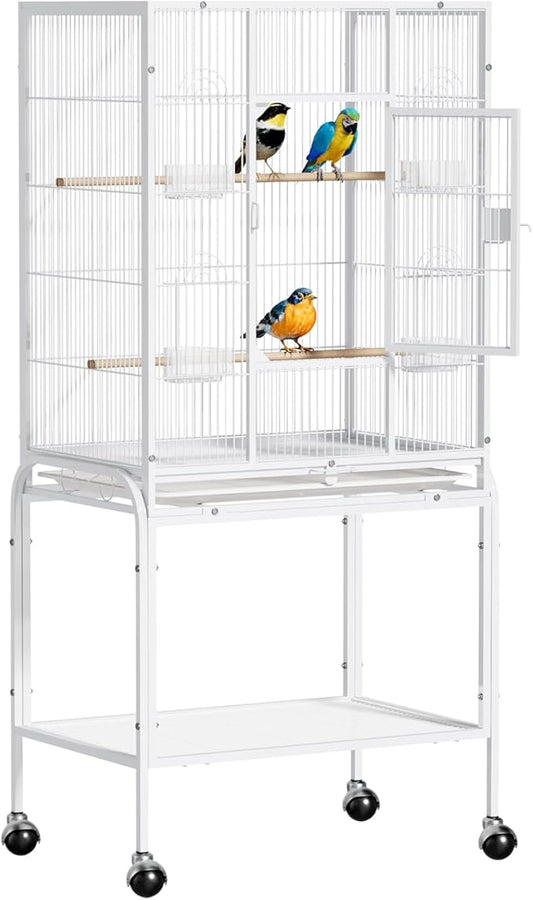 VINGLI 53-inch Bird Cage with Wheels, Durable Wrought Iron Parakeet Cage with Slide Out Tray, Black Bird Cages for Parakeets/Lovebird/Cockatiels/Budgies and Other Small/Medium Birds (White, 53 inch)