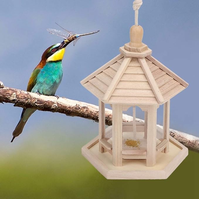 Bird Feeder for Outdoor, 24.5×20×20cm Wooden Hanging Birdfeeder Building Kits Birds Nests Ornaments Feeder Food Container with Hang Rope