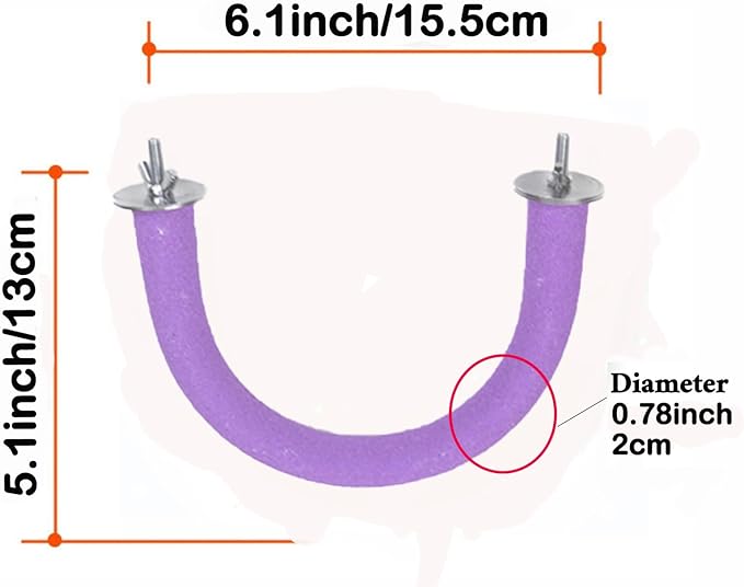 2Pcs 6.1Inch Purple U Shape Rough-surfaced Sands Stick Bird Perches Bird Cage Perches Toy for Regular to Large Bird Amazon, Grey Parrots, Parakeets,Macaw