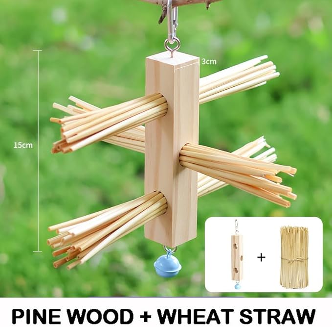Parrot Toy Cage Perch with Wheat Straw Chewing Toy Pine Wood Foraging Toy