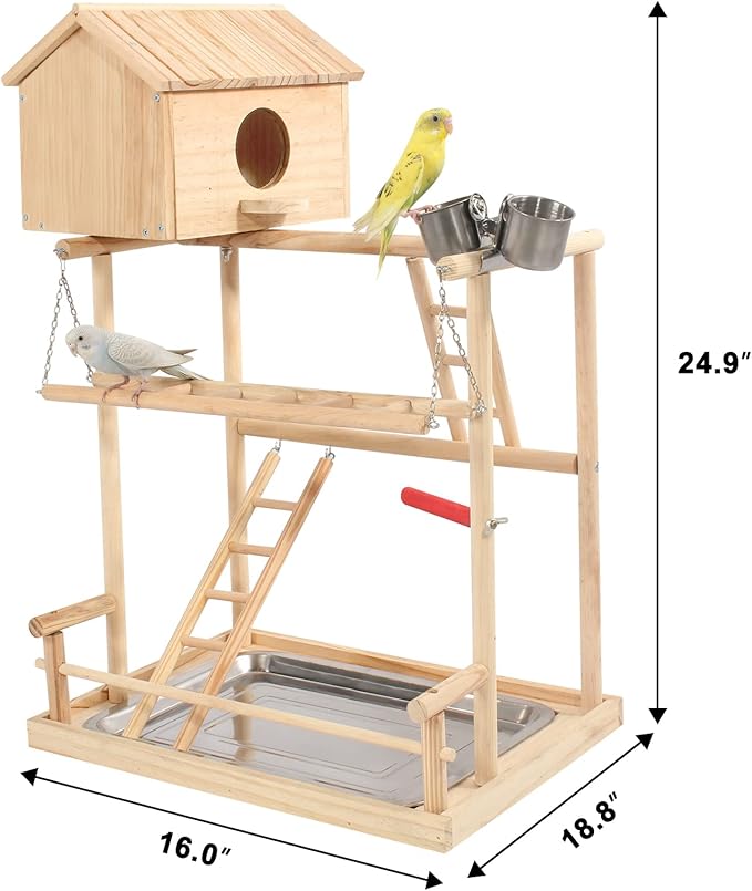HiCaptain Large Bird Playground, 3 Layers Cockatiel Playground, Pet Parrot Playstand Gym Wooden Playpen Birds Play Stand with Nesting Box, Ladder, Feeder Cups