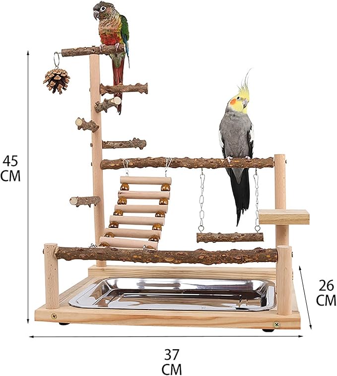 RoseFlower Bird Playground, Parrots Wooden Playstand, Birdcage Playground Play Gym Parakeet Playpen Ladder with Feeder Cup and Tray, Bird Toys Swing Exercise Toy