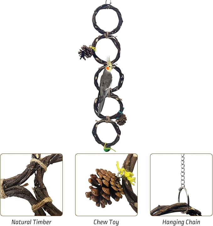 BNOSDM Bird Swing Rings Toy Natural Wood Parrot Climbing Ladder Parakeet Chewing Toys Hanging Budgie Cage Accessories for Green Cheek Conure Cockatiel Lovebird (Single Row 5 Rings)