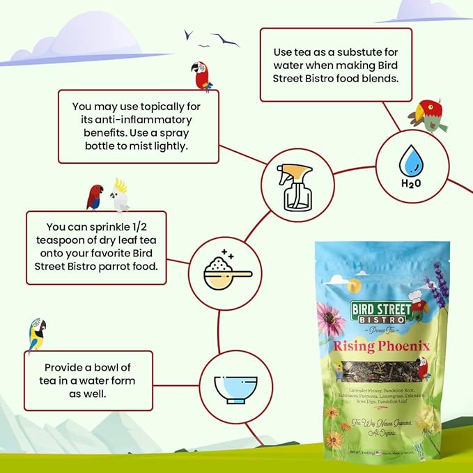 Bird Street Bistro Parrot Tea 3oz - Parakeet & Cockatiel Food Vitamin Substitute - Bird Health Supplies - Bird Food Topper