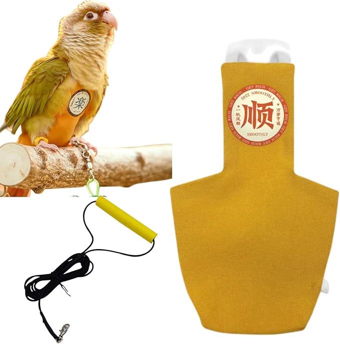 MANON ROSA Bird Diapers Leash Set Washable Reusable Handmade Flight Suit Waterproof Inner Layer - Protective Parrot Nappy Clothes Parakeets Macaws Budgies Canaries (Yellow1,Ring-Necked Parakeet)