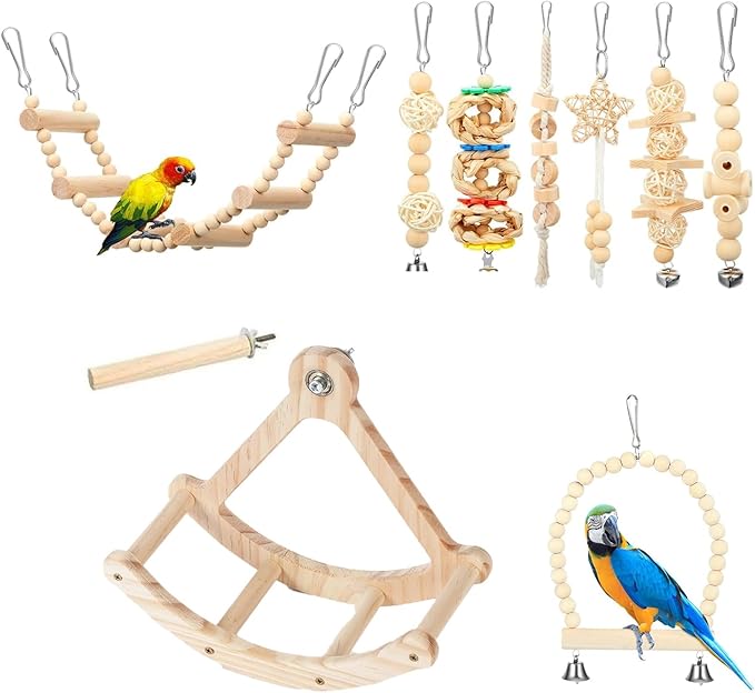 Bird Toys cage Accessories Parakeet Parrot Swing Wood Stand Perch Hemp Rope Toy Interactive Hanging Swing Toy for Budgerigar Conure Cockatiel mynah Finches