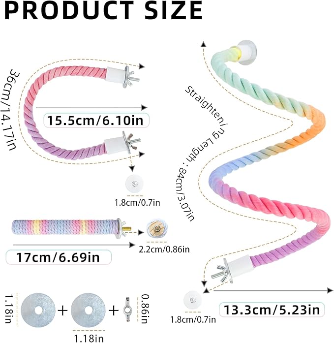 WishLotus Parrot Rope Perch, 31 in Rope Perches for Bird Cages with 2 Small Stand Pole, Flexible Fade Color Perch Rope Swing for Paw Grinding Standing Climbing (A, 31 in+6.6 in)