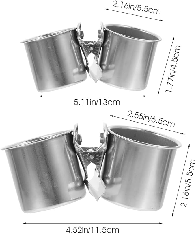 POPETPOP 2 Pcs Bird Parrot Feeding Double Cups with Clip - Stainless Steel Bird Bowls for Cage, Food Feeder Cups Hanging Bowl for Cage Stand Accessories